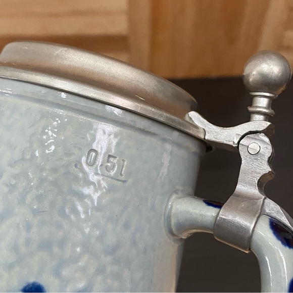 Vintage REIN ZINN 0.5L Blue & White German Stoneware Beer Stein Pewter Mug - Picture 12 of 14